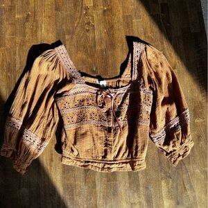 American Eagle Light Brown Lace-Trimmed Blouse
